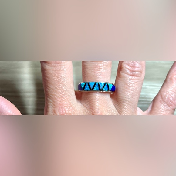 Native American Designer (8M) Sterling Silver Opal Lapis Onyx Inlay Band Ring - Picture 8 of 10
